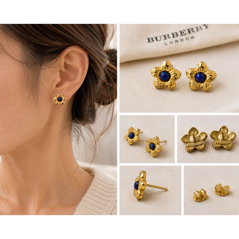 Vintage Burberry Gold Tone Blue Flower Stud Earrings Designer Floral
